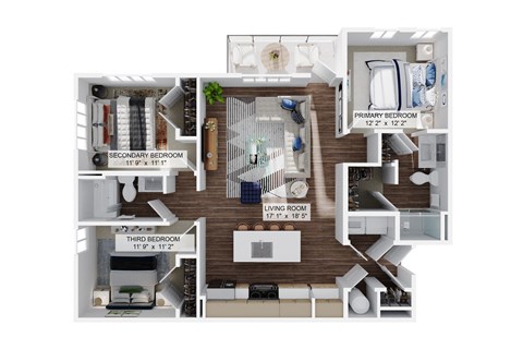 Floor plan for 3 beds, 2 baths, 1369 sqft